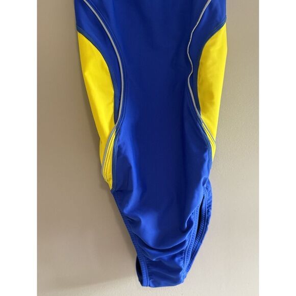 Speedo One Piece Swimsuit 12 Blue Yellow Gold Sporty PowerFlex Eco Splice Back - Picture 6 of 16